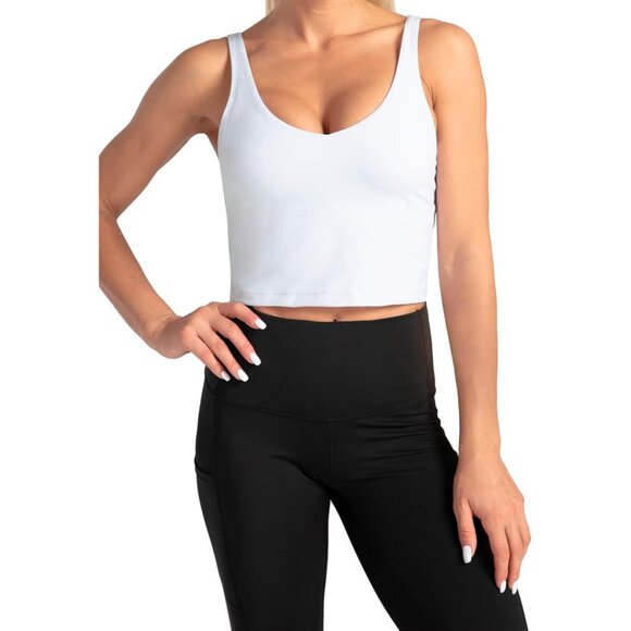 🆕Women White Nylon Sport Bra Padded Yoga Tank Top Longline Workout Running Crop - Picture 5 of 7